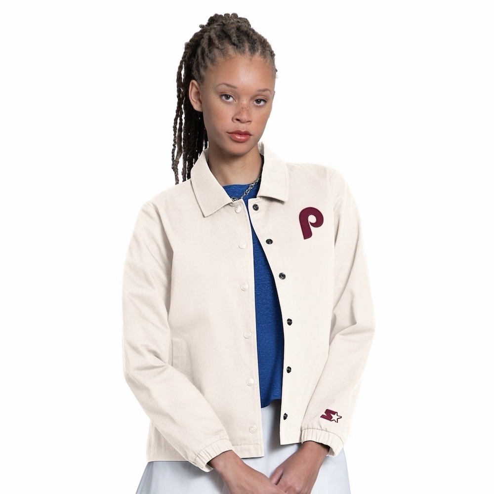 Philadelphia Phillies Women's Medium STARTER Full-Snap MLB Jacket Beige Cream